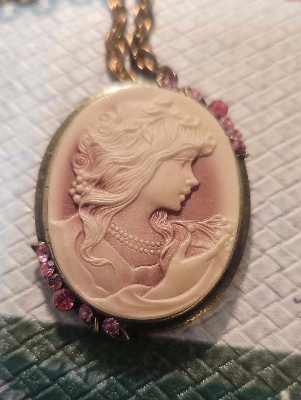 Pink Cameo Portrait Pendant Necklace with Pink Rhinestones